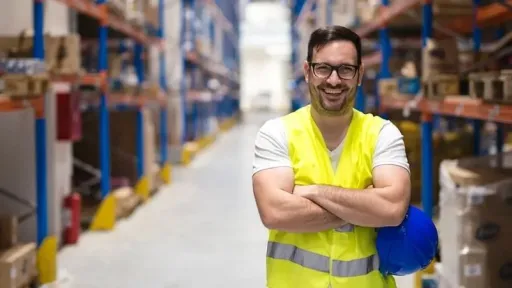 man wearing a reflective vest holding a helmet in a warehouse