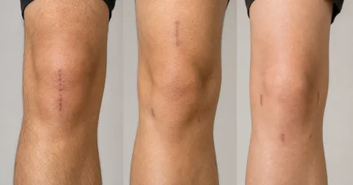 three knees with different surgical scars